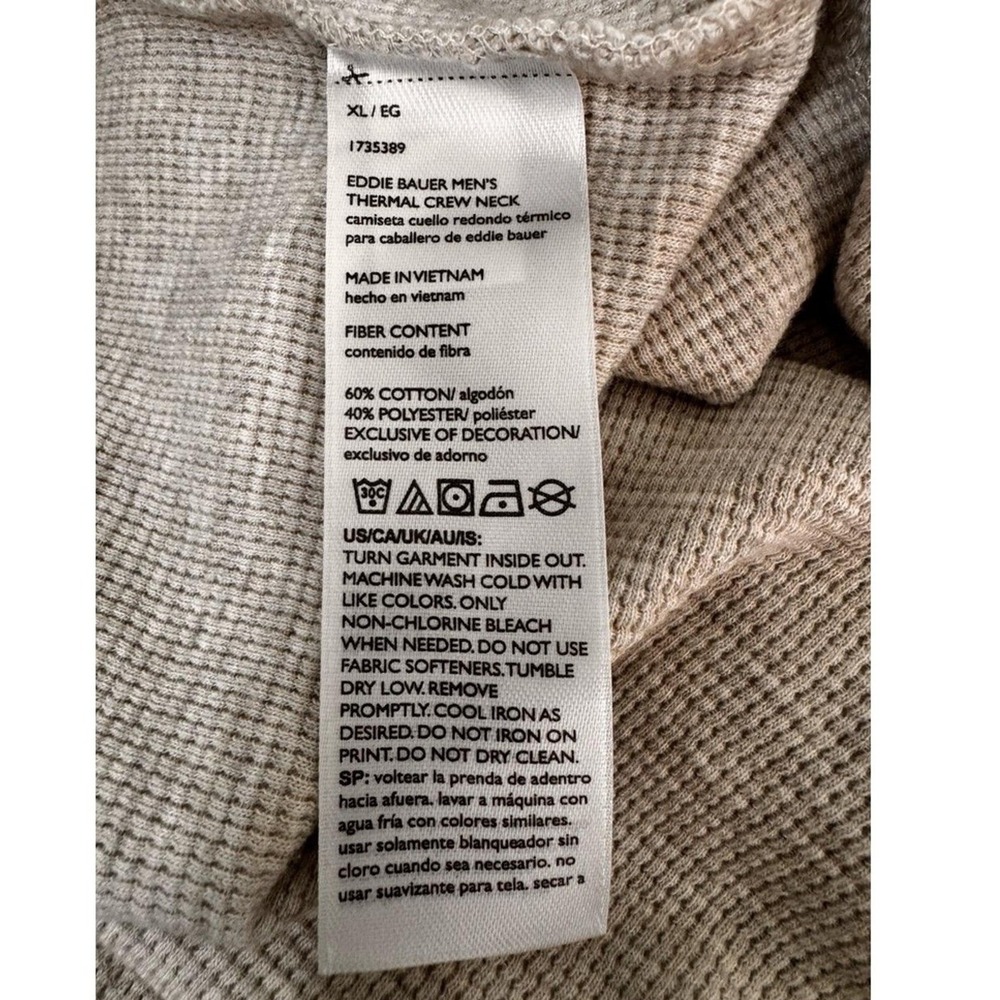 Eddie Bauer Shirt Mens XL Beige Waffle Knit Crew Neck Ribbed Cuffs Thermal - Picture 6 of 7